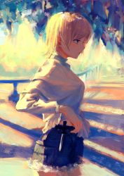 Rule 34 | 1girl, 7ife, bad id, bad twitter id, blonde hair, blouse, brown eyes, closed mouth, cowboy shot, denim, denim shorts, expressionless, from side, highres, impressionism, knife, long sleeves, medium hair, original, outdoors, profile, railing, revision, shadow, shirt, short hair, shorts, solo, white shirt