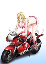 Rule 34 | 1girl, ass, bikini, blonde hair, blue background, blue eyes, blush, boots, breasts, cleavage, closed mouth, commentary request, front-tie bikini top, front-tie top, gloves, gradient background, highres, large breasts, leaning forward, logo, looking at viewer, motor vehicle, motorcycle, original, parted bangs, pink bikini, pink footwear, pink gloves, riding, shadow, side-tie bikini bottom, smile, solo, swimsuit, yamaha, yamaha tzr250r, yts takana