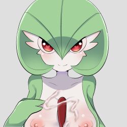 Rule 34 | 1girl, blush, bob cut, breasts, closed mouth, collarbone, colored skin, creatures (company), cum, cum on body, cum on breasts, cum on upper body, female focus, game freak, gardevoir, gen 3 pokemon, green hair, green skin, grey background, hair between eyes, hand on own chest, hand up, happy, heart, heart-shaped pupils, highres, large breasts, multicolored skin, nintendo, nipples, pokemon, pokemon (creature), red eyes, short hair, simple background, smile, solo, split mouth, straight-on, symbol-shaped pupils, two-tone skin, upper body, white skin, yutti (pixiv 92453386)