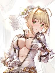 Rule 34 | 10s, 1girl, 77gl, belt, blonde hair, blush, breasts, center opening, chain, collarbone, fate/extra, fate/extra ccc, fate (series), flower, gloves, green eyes, hair flower, hair intakes, hair ornament, impossible clothes, lock, navel, nero claudius (bride) (fate), nero claudius (fate), nero claudius (fate), solo, unzipping, veil