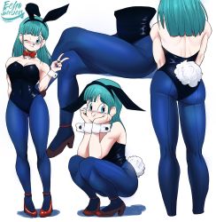 Rule 34 | 1girl, animal ears, artist name, ass, back, bare shoulders, black leotard, blue eyes, blue pantyhose, blush, bow, bowtie, breasts, bulma, cleavage, collarbone, covered navel, crossed legs, dragon ball, dragon ball (classic), echo saber, fake animal ears, green hair, high heels, highres, legs, leotard, long hair, looking at viewer, multiple views, nail polish, one eye closed, pantyhose, playboy bunny, rabbit ears, rabbit tail, simple background, sitting, squatting, strapless, strapless leotard, tail, v, white background, wink, wrist cuffs