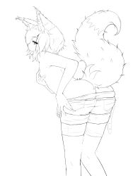 Rule 34 | 1boy, absurdres, animal ears, ass, bent over, bike shorts, bike shorts under shorts, clothes pull, cube85, genderswap, genderswap (ftm), greyscale, highres, imaizumi kagerou, lineart, looking back, male focus, monochrome, nipples, short hair, shorts, shorts pull, solo, tail, tongue, tongue out, topless male, touhou, transparent background, wolf ears, wolf tail