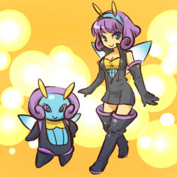 Rule 34 | 00s, 1girl, bare shoulders, blue eyes, boots, breasts, cleavage, creatures (company), elbow gloves, game freak, gen 3 pokemon, gloves, hitec, illumise, medium breasts, moemon, nintendo, personification, pokemon, pokemon (creature), pokemon rse, popped collar, purple hair, smile, thigh boots, thighhighs, unzipped, wings, zettai ryouiki