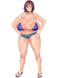 Rule 34 | 1girl, absurdres, areola slip, bare arms, bare legs, bikini, bikini top only, blush, breasts, brown eyes, brown hair, clenched teeth, collarbone, feet, female focus, full body, groin, hands on own hips, happy, highres, huge breasts, kazama asuka, large areolae, legs, light blush, looking at viewer, matching hair/eyes, micro bikini, mole, mole under mouth, mucc (ren0522), nail polish, pink nails, sandals, short hair, short shorts, shorts, simple background, smile, solo, standing, sweat, swimsuit, teeth, tekken, tekken 7, thick thighs, thighs, toes, white background