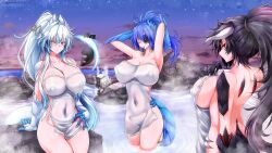 Rule 34 | 1boy, 3girls, annes (g (genesis1556)), arms up, artist name, bare shoulders, black hair, blue hair, blush, blush visible through hair, breasts, claws, closed eyes, closed mouth, cloud, collarbone, commentary request, covered erect nipples, covered navel, covering privates, cowboy shot, dragon boy, dragon girl, dragon horns, dragon tail, dusk, eyepatch, g (genesis1556), gradient sky, groin, hair between eyes, hair tie, hair tie in mouth, high ponytail, highres, holding, holding towel, horns, large breasts, long hair, looking at viewer, lutian (g (genesis1556)), mia (g (genesis1556)), monster boy, monster girl, mouth hold, multicolored hair, multiple girls, multiple horns, naked towel, nude cover, ocean, onsen, orca, original, outdoors, partially submerged, ponytail, profile, purple sky, red eyes, rio (g (genesis1556)), rock, scales, scar, scar across eye, shark, sidelocks, sitting, sky, standing, star (sky), starry sky, steam, steaming body, streaked hair, tail, towel, tying hair, very long hair, water, wet, whale, white hair, yellow eyes