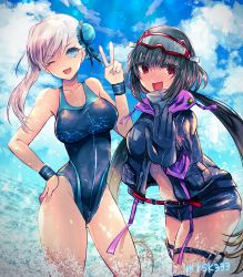 Rule 34 | 2girls, @ @, black gloves, black hair, black jacket, black one-piece swimsuit, black shorts, blue eyes, blue sky, blurry, blush, bokeh, caustics, cloud, commentary request, competition swimsuit, cowboy shot, day, depth of field, earrings, embarrassed, fate/grand order, fate (series), fisheye, foreshortening, from side, gloves, goggles, hair bun, hair ornament, hand on own hip, highres, jacket, jewelry, legs apart, long hair, looking at viewer, miyamoto musashi (fate), miyamoto musashi (swimsuit berserker) (first ascension) (fate), multiple girls, murasaki yuna, navel, one-piece swimsuit, one eye closed, osakabehime (fate), osakabehime (swimsuit archer) (fate), osakabehime (swimsuit archer) (first ascension) (fate), outdoors, pink hair, red eyes, short shorts, shorts, side ponytail, single side bun, ski goggles, sky, sparkle, splashing, standing, swept bangs, swimsuit, thigh strap, thighs, twintails, v, v-shaped eyebrows, very long hair