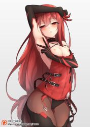 Rule 34 | 1girl, armpits, bare shoulders, black gloves, black pantyhose, blush, breasts, choker, cleavage, commentary request, crimson avenger (elsword), elbow gloves, elesis (elsword), elsword, gloves, grey background, long hair, looking at viewer, md5 mismatch, medium breasts, nipples, no bra, pantyhose, parted lips, patreon username, presenting armpit, red eyes, red hair, resolution mismatch, revision, simple background, solo, source larger, spread armpit, standing, symbol-shaped pupils, waero, watermark, web address