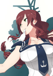 Rule 34 | 10s, 1girl, bad id, bad pixiv id, braid, breasts, brown hair, gloves, unworn gloves, green eyes, highres, kantai collection, large breasts, long hair, noshiro (kancolle), personification, solo, tonegawa ribu