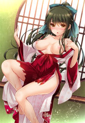 Rule 34 | 1girl, :o, barefoot, black hair, blush, bow, breasts, breasts out, brown eyes, dutch angle, female focus, hair bow, hakama, hakama skirt, indoors, japanese clothes, large breasts, long hair, long sleeves, looking at viewer, miko, monety, nipples, original, ponytail, red hakama, round window, sitting, skirt, solo, torn clothes, wide sleeves, window