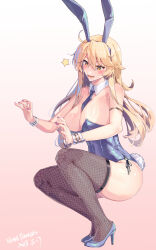 Rule 34 | 1girl, animal ears, artist name, ass, black thighhighs, blonde hair, blue footwear, blue leotard, blue nails, blue necktie, blush, breasts, dated, detached collar, fake animal ears, fake tail, fingernails, fishnet thighhighs, fishnets, gradient background, grey eyes, hair between eyes, high heels, highres, himeyamato, iowa (kancolle), kantai collection, large breasts, leotard, long hair, nail polish, necktie, open mouth, rabbit ears, rabbit tail, side-tie leotard, signature, smile, solo, star-shaped pupils, star (symbol), strapless, strapless leotard, symbol-shaped pupils, tail, thighhighs, wrist cuffs
