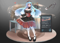 Rule 34 | 1girl, absurdres, black dress, blue eyes, blue hair, breasts, cleavage, coffee, coffee cup, copyright name, corset, cup, disposable cup, dress, heart, highres, large breasts, long hair, maid, reborns, red corset, shadow, solo, sparkle, tower of saviors
