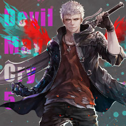 Rule 34 | 1boy, black gloves, blouse, blue coat, blue eyes, bracelet, closed mouth, coat, collarbone, devil may cry (series), devil may cry 5, english text, fingerless gloves, gloves, highres, holding, holding sword, holding weapon, jewelry, male focus, mechanical arms, necklace, nero (devil may cry), paint splatter, red shirt, senano-yu, shirt, single mechanical arm, sleeves rolled up, smile, solo, sword, torn clothes, weapon, white hair, zipper