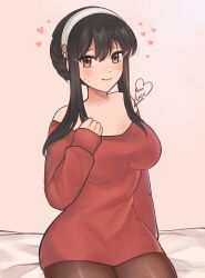 Rule 34 | 1girl, bare shoulders, black hair, blush, breasts, brown pantyhose, cleavage, commentary, dress, hairband, heart, highres, large breasts, long hair, long sleeves, looking at viewer, off-shoulder dress, off shoulder, pantyhose, pink background, pink eyes, purrlucii, red dress, short dress, sidelocks, simple background, sitting, smile, solo, spy x family, white hairband, yor briar