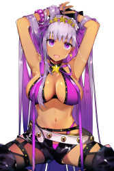 Rule 34 | 1girl, arms up, bb (fate), bb (fate), bb (swimsuit mooncancer) (fate), bead bracelet, beads, bikini, black footwear, black gloves, blush, boots, bracelet, breasts, earrings, fate/grand order, fate (series), fingerless gloves, garter belt, garter straps, gloves, hair ornament, highres, jewelry, large breasts, long hair, looking at viewer, micro shorts, nail polish, navel, open mouth, purple bikini, purple eyes, purple hair, resolution mismatch, short shorts, shorts, simple background, sitting, smile, solo, star (symbol), star earrings, star hair ornament, swimsuit, tan, tetsubuta, thigh boots, thighhighs, very long hair, white background
