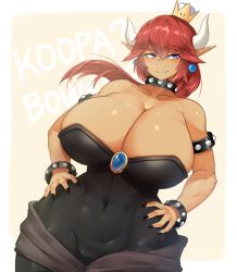 Rule 34 | 1girl, armlet, bare shoulders, black dress, black nails, blue eyes, bowsette, breasts, cameltoe, cleavage, collar, covered navel, crown, curvy, dark-skinned female, dark skin, dress, earrings, grin, hands on own hips, highres, horns, huge breasts, jewelry, looking at viewer, mario (series), nail polish, new super mario bros. u deluxe, nintendo, pointy ears, raised eyebrow, red hair, sash, sharp teeth, sinensian, smile, solo, spiked armlet, spiked collar, spikes, super crown, teeth, thick eyebrows, thick thighs, thighs, wide hips