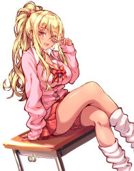 Rule 34 | 1girl, adjusting eyewear, bangs pinned back, blonde hair, bow, bowtie, breasts, brown eyes, buttons, cleavage, commentary, crossed legs, dark-skinned female, dark skin, desk, earrings, glasses, gyaru, hair ornament, hairpin, highres, jewelry, kinjyou (shashaki), kogal, large breasts, limitedsando, long hair, looking at viewer, loose neckwear, loose socks, nail polish, on desk, open clothes, open mouth, open shirt, original, pink nails, pink sweater vest, ponytail, red neckwear, red scrunchie, red skirt, scrunchie, shirt, sidelocks, sitting, on desk, skirt, socks, solo, striped bow, striped bowtie, striped clothes, striped neckwear, sweater vest, tan, teeth, thighs, tongue, white background, white shirt