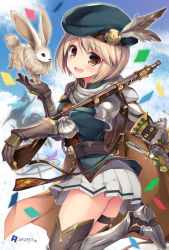 Rule 34 | 10s, 1girl, :d, armor, armored boots, ass, bankoku ayuya, beret, black thighhighs, blonde hair, blush, boots, brown eyes, cait sith (granblue fantasy), cape, cat, confetti, djeeta (granblue fantasy), elbow pads, feathers, gloves, granblue fantasy, grey gloves, gun, hat, hat feather, hawkeye (granblue fantasy), long sleeves, looking at viewer, miniskirt, open mouth, pleated skirt, puffy long sleeves, puffy sleeves, rabbit, short hair, shotgun, skirt, smile, solo, thigh strap, thighhighs, vambraces, weapon, white skirt