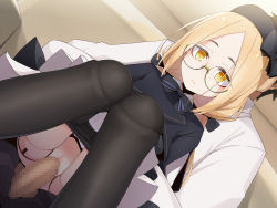 Rule 34 | 1boy, 1girl, black pantyhose, blonde hair, censored, clothed sex, doll, doll girl, doll joints, dutch angle, glasses, hetero, highres, joints, mosaic censoring, ogami kazuki, original, panties, panty pull, pantyhose, penis, pussy, round eyewear, sex, sitting, sitting on lap, sitting on person, underwear, vaginal, yellow eyes