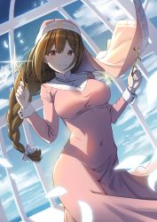 Rule 34 | 1girl, amochin, blue sky, blush, bow, braid, breasts, brown eyes, brown hair, closed mouth, cloud, commentary request, covered navel, cowboy shot, cross, day, dress, dutch angle, glint, habit, hair bow, highres, holding, idolmaster, idolmaster shiny colors, jewelry, kuwayama chiyuki, large breasts, long hair, long sleeves, looking at viewer, necklace, nun, pink dress, rosary, single braid, sky, solo, sunlight, very long hair, white bow