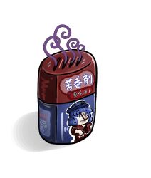 absurdres air_freshener commentary_request highres kansou_wakame miyako_yoshika no_humans object_focus pun shadow simple_background smoke themed_object touhou translation_request white_background