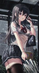 Rule 34 | 1girl, absurdres, bag, black bra, black hair, black skirt, black thighhighs, blush, bow, bowtie, bra, bra visible through clothes, breasts, bus stop, chromatic aberration, commentary request, fall (aki), hair ornament, hairclip, highres, holding, holding umbrella, lace, long hair, looking at viewer, medium breasts, miniskirt, open mouth, original, outdoors, parted lips, pleated skirt, purple eyes, rain, red bow, red bowtie, school bag, school uniform, see-through, serafuku, shirt, skirt, solo, thighhighs, transparent, transparent umbrella, umbrella, underwear, uniform, wet, wet clothes, wet hair, wet shirt, white shirt, zettai ryouiki