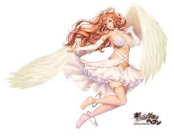Rule 34 | 1girl, angel, armpits, bare shoulders, barefoot, breasts, commentary request, detached sleeves, dress, feathered wings, full body, gang of heaven, halo, large breasts, logo, long hair, looking away, masami chie, official art, orange hair, parted lips, purple eyes, sidelocks, simple background, thigh strap, white background, wings