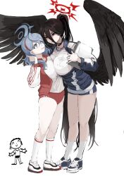 Rule 34 | 2girls, ^ ^, absurdres, ako (blue archive), doodle sensei (blue archive), asymmetrical docking, black hair, black wings, blue archive, blue eyes, blue hair, breast press, breasts, buruma, choker, clipboard, closed eyes, feathered wings, gym uniform, hair between eyes, hairband, halo, hasumi (blue archive), hasumi (track) (blue archive), height difference, highres, jacket, kneehighs, large breasts, long hair, mole, mole under eye, multiple girls, ponytail, red eyes, sensei (blue archive), shoes, shorts, simple background, smile, sneakers, socks, ushimochi, very long hair, white background, white socks, wings