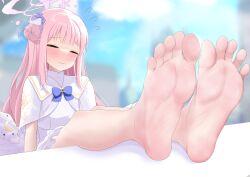 Rule 34 | 1girl, barefoot, beru (belse mmrkhr), blue archive, blush, closed eyes, closed mouth, feet, foot focus, long hair, mika (blue archive), pink hair, soles
