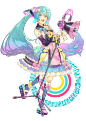 Rule 34 | 1girl, :d, absurdres, azuma kazamori, blue eyes, blue hair, bow, detached sleeves, earrings, floating hair, gradient hair, hair bow, hair ornament, hatsune miku, highres, jewelry, kneehighs, leg up, long hair, looking at viewer, magical mirai (vocaloid), magical mirai miku, magical mirai miku (2018), megaphone, multicolored hair, musical note, open mouth, pink hair, simple background, skirt, smile, socks, solo, standing, standing on one leg, twintails, two-tone hair, very long hair, vocaloid, white background, white bow