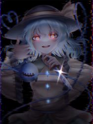 Rule 34 | 1girl, :d, aqua hair, black background, black hat, commentary request, frilled shirt collar, frills, glint, glitch, glowing, glowing eyes, green skirt, hair between eyes, hand up, hat, hat ribbon, heart, heart of string, holding, holding knife, knife, komeiji koishi, long sleeves, looking at viewer, medium hair, open mouth, red eyes, ribbon, shirt, simple background, skirt, smile, solo, stitches, sumishiro 8070, teeth, third eye, touhou, upper body, upper teeth only, wide sleeves, yellow ribbon, yellow shirt