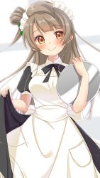 Rule 34 | 1girl, apron, artist name, artist request, back bow, black neckwear, blush, bow, breasts, brown eyes, brown hair, collared dress, dress, female focus, green bow, grey hair, hair bow, highres, hiropao, holding, holding clothes, holding plate, holding skirt, light brown hair, long hair, love live!, love live! school idol festival, love live! school idol festival all stars, love live! school idol project, maid, maid apron, maid headdress, medium breasts, minami kotori, parted lips, plate, puffy short sleeves, puffy sleeves, short sleeves, side ponytail, skirt, smile, solo, white apron, white bow