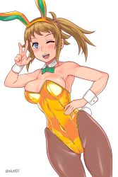Rule 34 | 1girl, absurdres, aiuti, animal ears, blue eyes, bow, bowtie, breasts, brown hair, brown pantyhose, bunny day, cleavage, cowboy shot, detached collar, gluteal fold, green bow, green bowtie, gundam, gundam build fighters, gundam build fighters try, hand on own hip, highleg, highleg leotard, highres, hoshino fumina, large breasts, leotard, looking at viewer, one eye closed, pantyhose, playboy bunny, ponytail, rabbit ears, rabbit tail, smile, solo, tail, twitter username, wrist cuffs, yellow leotard