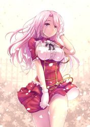 Rule 34 | 1girl, aiguillette, black ribbon, breasts, frills, gloves, hand in own hair, kantai collection, large breasts, long hair, luigi di savoia duca degli abruzzi (kancolle), no panties, parted lips, petals, pink eyes, pink hair, pleated skirt, red skirt, ribbon, ryu-akt, short sleeves, sideboob, skirt, solo, white gloves