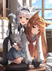 Rule 34 | 2girls, ahoge, animal ear fluff, animal ears, apron, bad id, bad pixiv id, black dress, black legwear, blue skirt, blush, braid, breasts, brown eyes, brown hair, chair, cloud, cloudy sky, collarbone, commentary request, day, dress, earrings, fang, fox ears, fox girl, fox tail, green eyes, hair between eyes, hair ornament, hairband, hairclip, hand on another&#039;s head, hand on another&#039;s hip, highres, indoors, jewelry, kerno, kneeling, light particles, light rays, loafers, long hair, long sleeves, looking at another, maid, maid apron, maid headdress, medium breasts, multiple girls, neckerchief, open mouth, original, paper stack, pleated skirt, red neckerchief, school uniform, serafuku, shoes, sidelocks, silver hair, single braid, sitting, skin fang, skirt, sky, swept bangs, tail, thighhighs, wariza, window, zettai ryouiki