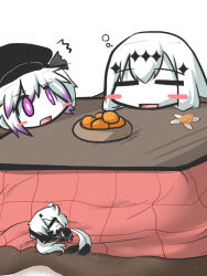 Rule 34 | 10s, 3girls, :d, = =, ^^^, abyssal ship, aircraft carrier water oni, blush stickers, colored skin, commentary request, destroyer princess, food, fruit, goma (gomasamune), gradient hair, hair ornament, headgear, kantai collection, kotatsu, mandarin orange, multicolored hair, multiple girls, ne-class heavy cruiser, open mouth, sleeping, smile, table, white hair, white skin