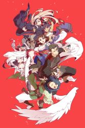 Rule 34 | 3boys, 3girls, absurdly long hair, ainu clothes, akuta (utawarerumono: lost flag), angel wings, animal ears, aquaplus, armband, arms up, ass, bent over, black dress, black eyes, black hair, blonde hair, blue hair, boots, breasts, bright pupils, brown hair, cape, cleavage, crop top, dark-skinned male, dark skin, dii (utawarerumono), dress, eyeliner, feathered wings, from above, from behind, from side, full body, grey eyes, grin, hairband, heels, highres, huge ass, imogome, jewelry, large breasts, large wings, leg tattoo, long hair, long image, long legs, long sleeves, looking at viewer, lying, makeup, mask, medium breasts, medium hair, minagi (utawarerumono), multiple boys, multiple girls, nose, on side, open mouth, pantyhose, purple eyes, raised eyebrows, scar, scar on face, see-through, see-through dress, see-through sleeves, shirayuki (utawarerumono: lost flag), short hair, sideboob, sleeveless, small breasts, smile, smug, suzuri (utawarerumono: lost flag), tail, tall image, tattoo, teeth, thighhighs, thighs, toned, toned male, tongue, utawarerumono, utawarerumono: lost flag, very long hair, very long sleeves, white hair, white pupils, wide sleeves, wings