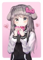 Rule 34 | 1girl, animal ears, bad id, bad pixiv id, black jacket, blush, bow, box, closed mouth, commentary, dog ears, english commentary, gift, gift box, grey eyes, grey hair, hair bow, hands up, heart-shaped box, highres, holding, holding gift, hwanhee, jacket, long hair, long sleeves, original, pink background, pink bow, sleeves past wrists, smile, solo, two-tone background, valentine, very long hair, white background