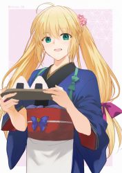 Rule 34 | 1girl, ahoge, aqua eyes, artoria pendragon (all), artoria pendragon (fate), blonde hair, blue bow, bow, fate/grand order, fate (series), flower, food, hair between eyes, hair flower, hair ornament, hair ribbon, highres, japanese clothes, kimono, long hair, looking at viewer, minoe08, obi, onigiri, parted lips, purple bow, ribbon, saber (fate), saber alter, sash, sidelocks, simple background, smile, solo, tray, twintails, wide sleeves
