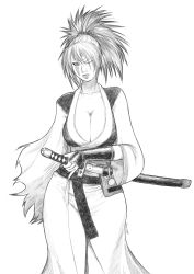 Rule 34 | 1girl, baiken, breasts, cleavage, drawfag, facepaint, greyscale, guilty gear, guilty gear x, highres, katana, large breasts, lips, monochrome, non-web source, ponytail, scar, solo, sword, weapon