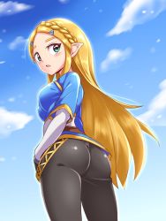 Rule 34 | 1girl, ass, blonde hair, blue shirt, blush, breasts, cougar (cougar1404), from behind, from below, green eyes, long hair, looking at viewer, looking back, nintendo, open mouth, pants, pointy ears, princess zelda, shiny clothes, shirt, sideboob, skin tight, solo, the legend of zelda, the legend of zelda: breath of the wild, tight clothes, tight pants, very long hair