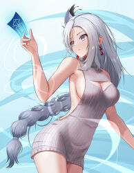 Rule 34 | 1girl, bare arms, bare shoulders, blue background, breasts, covered navel, cowboy shot, dealesis, dress, duplicate, genshin impact, grey eyes, grey hair, hair ornament, hand up, head tilt, highres, large breasts, long hair, meme attire, ofuda, pixel-perfect duplicate, ribbed dress, shenhe (genshin impact), sleeveless, solo, standing, thighs, very long hair, virgin killer sweater