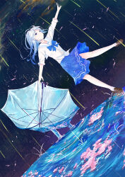Rule 34 | 1girl, 999kun, arm up, bare legs, blue bow, blue bowtie, blue eyes, blue hair, blue skirt, blue umbrella, bow, bowtie, brown footwear, closed mouth, highres, loafers, long hair, looking up, multicolored hair, night, night sky, open hand, original, outstretched arms, petals, petals on liquid, rain, sailor collar, school uniform, serafuku, shoes, skirt, sky, sleeves rolled up, standing, standing on one leg, star (sky), streaked hair, umbrella, uniform, water, white sailor collar, white serafuku