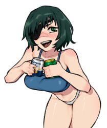 Rule 34 | 1girl, beer can, black hair, blue camisole, breasts, camisole, can, chainsaw man, crop top, drink can, eyepatch, green eyes, gurumo (twitter), himeno (chainsaw man), holding, holding can, large breasts, looking at viewer, midriff, open mouth, short hair, simple background, smile, solo, thick thighs, thighs, white background