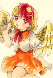 Rule 34 | 1girl, animal, animal on head, bird, bird on head, bird tail, bird wings, blonde hair, chick, commentary request, dress, feathered wings, highres, maa (forsythia1729), marker (medium), multicolored hair, niwatari kutaka, on head, orange dress, photo (medium), pointing, puffy short sleeves, puffy sleeves, red eyes, red hair, shirt, short hair, short sleeves, simple background, tail, touhou, traditional media, two-tone hair, white shirt, wings, yellow wings