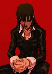 Rule 34 | 1girl, absurdres, black hair, blood, blood on face, blue eyes, blunt bangs, commentary, dark-skinned female, dark skin, english commentary, highres, long hair, long sleeves, nico robin, official alternate costume, one piece, red background, simple background, solo, toboldlymuppet