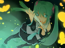 Rule 34 | bare shoulders, blue eyes, blue hair, bug, butterfly, detached sleeves, flat chest, green eyes, green hair, hatsune miku, highres, insect, licking, long hair, maruku, nail polish, necktie, saliva, sexually suggestive, spring onion, thighhighs, twintails, very long hair, vocaloid, vocaloid2, water