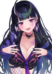 Rule 34 | 1girl, absurdres, ahoge, belt collar, black collar, black hair, black shirt, blush, breasts, chest tattoo, cleavage, collar, ear piercing, earrings, fishnet thighhighs, fishnets, frilled skirt, frills, green skirt, highres, itsuki isshiki, jacket, jewelry, large breasts, long hair, looking at viewer, meloco kyoran, multicolored hair, multicolored nails, nail polish, necktie, nijisanji, nijisanji en, open mouth, piercing, purple eyes, purple hair, purple jacket, purple nails, purple necktie, red nails, shirt, single thighhigh, skirt, smile, solo, spider web tattoo, streaked hair, tattoo, thigh strap, thighhighs, virtual youtuber