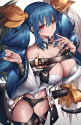 Rule 34 | 1girl, angel wings, asymmetrical wings, bare shoulders, black panties, blouse, blue hair, bow, breasts, center opening, cleavage, cowboy shot, detached collar, detached sleeves, dizzy (guilty gear), feathered wings, guilty gear, guilty gear xrd, hair ribbon, hands up, large breasts, leaning forward, leg ribbon, long hair, long sleeves, looking at viewer, midriff, monster girl, multiple straps, navel, no pants, panties, red eyes, revealing clothes, ribbon, shirt, sidelocks, simple background, smile, snm (sunimi), solo, standing, stomach, tail, tail bow, tail ornament, thigh ribbon, thighs, twintails, underwear, white shirt, wide sleeves, wings