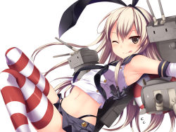 Rule 34 | 10s, 1girl, ;p, ;q, anchor, armpits, black panties, blonde hair, blush, brown eyes, elbow gloves, female focus, flying sweatdrops, gloves, hair between eyes, hair ornament, hairband, itou nanami, kantai collection, legs, long hair, looking at viewer, navel, one eye closed, panties, pantyshot, personification, rensouhou-chan, shimakaze (kancolle), shirt, simple background, skirt, sleeveless, sleeveless shirt, solo, striped clothes, striped thighhighs, sweatdrop, thighhighs, tongue, tongue out, underwear, upskirt, white background, white gloves, wink