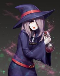 Rule 34 | 10s, 1girl, :d, artist name, commentary, eyes visible through hair, flask, hair over one eye, hat, little witch academia, long hair, looking at viewer, mushroom, open mouth, potion, purple hair, robe, smile, solo, star (symbol), sucy manbavaran, terupancake, twitter username, wide sleeves, witch hat